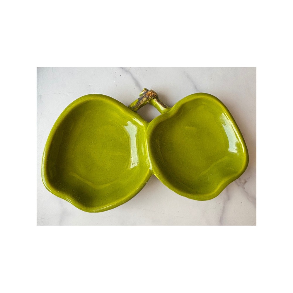 Vintage USA Pottery VF-67 Green Double Apple Divided Dish Candy Nut Trinket